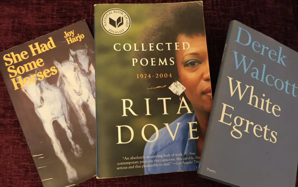 Three poetry books. She Had Some Horses by Joy Harjo, Collected Poems of Rita Dove and White Egrets by Derek Walcott. 
